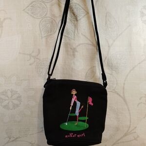 Chic Black Crossbody Bag with Golfer Embroidery